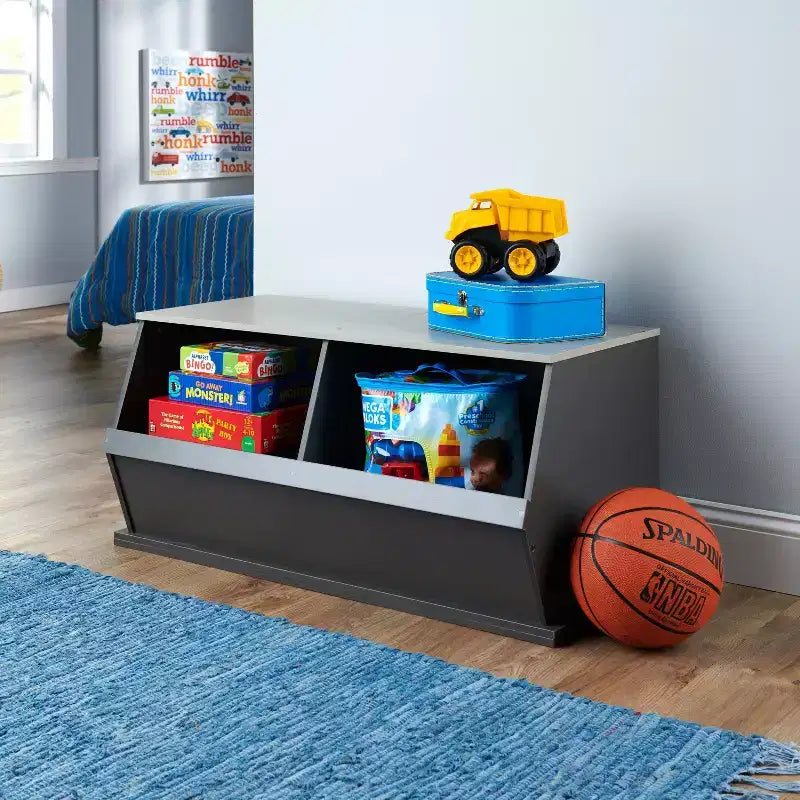 Badger Basket 2 Bin Stackable Storage Cubby Charcoal/Gray Woodgrain: Toy Storage, MDF Laminate, Enclosed Back, 3+ Years