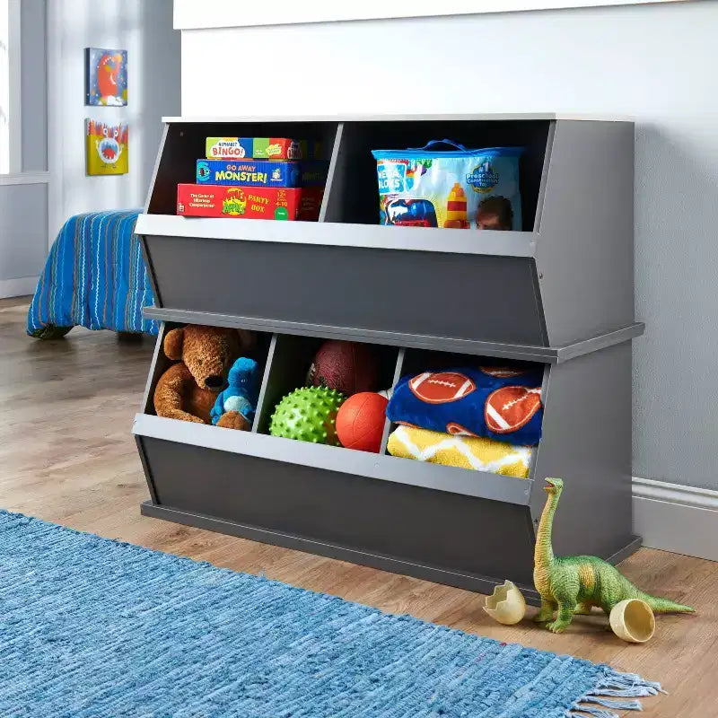Badger Basket 2 Bin Stackable Storage Cubby Charcoal/Gray Woodgrain: Toy Storage, MDF Laminate, Enclosed Back, 3+ Years