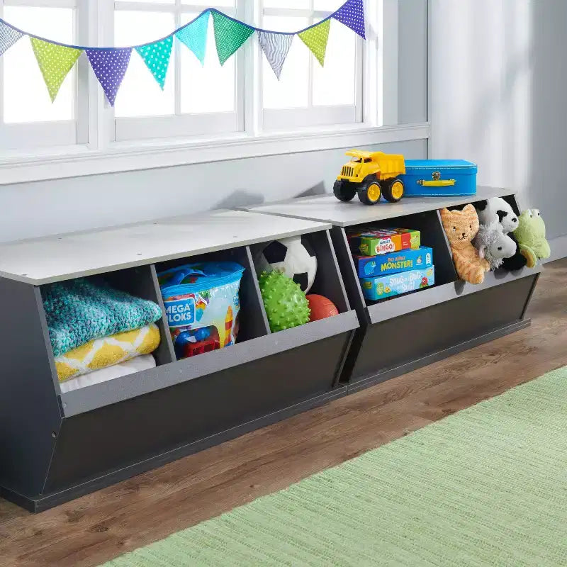 Badger Basket 2 Bin Stackable Storage Cubby Charcoal/Gray Woodgrain: Toy Storage, MDF Laminate, Enclosed Back, 3+ Years