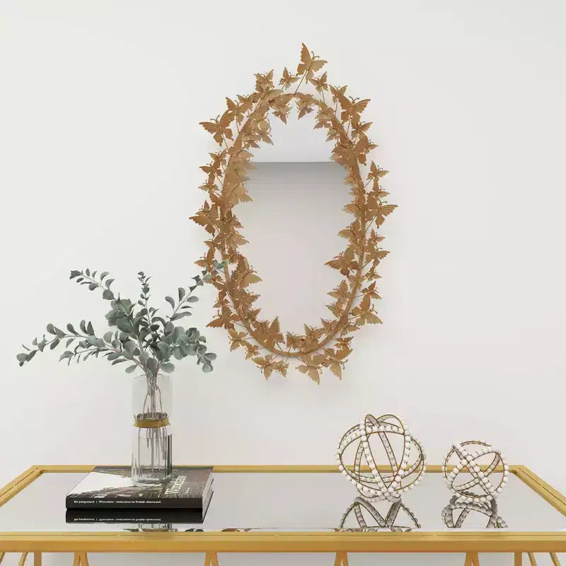 Glam Metal Butterfly Wall Mirror Gold - Olivia & May: Iron Frame, Round Shape, No Assembly Required