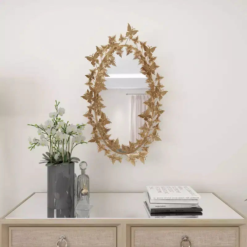 Glam Metal Butterfly Wall Mirror Gold - Olivia & May: Iron Frame, Round Shape, No Assembly Required