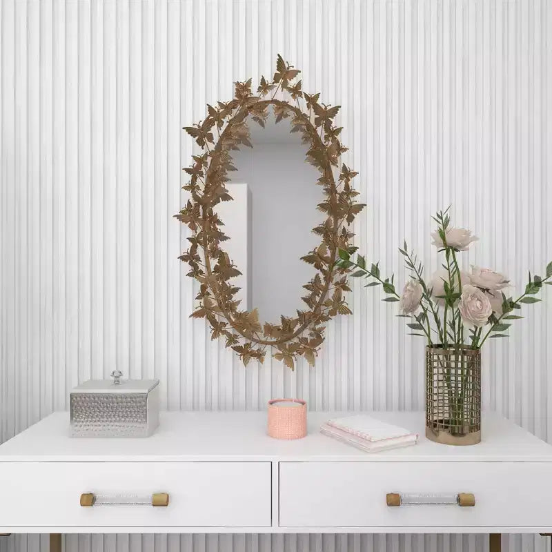 Glam Metal Butterfly Wall Mirror Gold - Olivia & May: Iron Frame, Round Shape, No Assembly Required