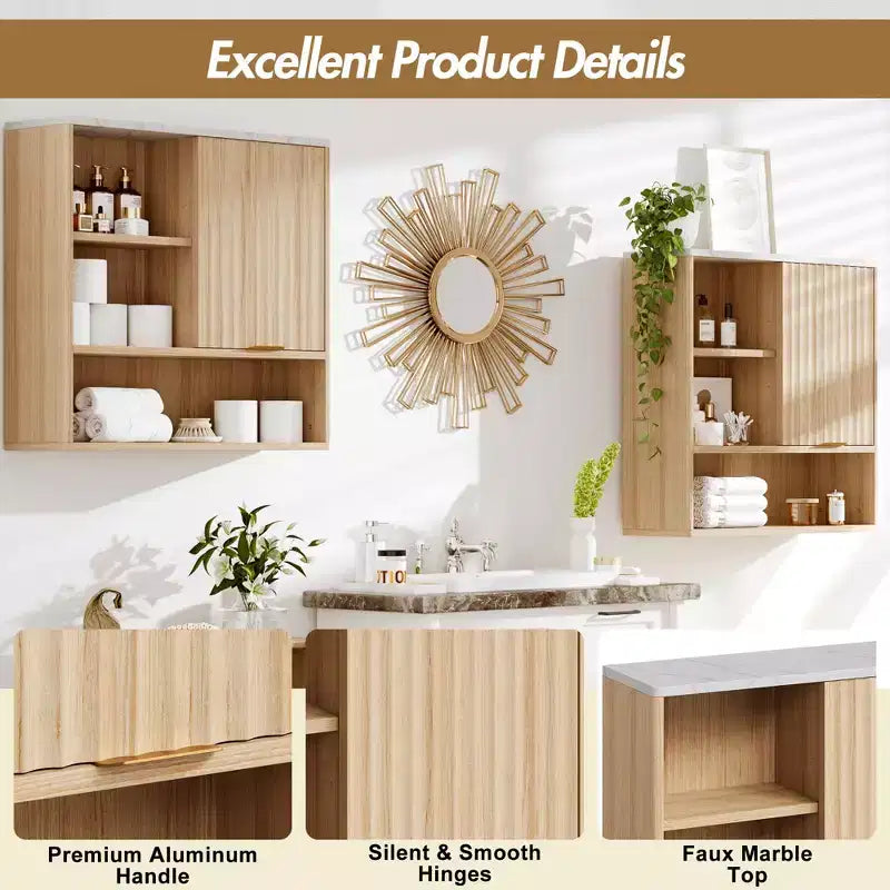 CuisinSmart Fluted Bathroom Wall Mounted Cabinet with Sliding Door, Medicine Cabinet with Faux Marble Top, Adjustable Shelf and Open Storage Space