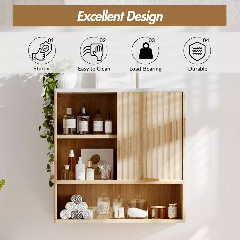 CuisinSmart Fluted Bathroom Wall Mounted Cabinet with Sliding Door, Medicine Cabinet with Faux Marble Top, Adjustable Shelf and Open Storage Space