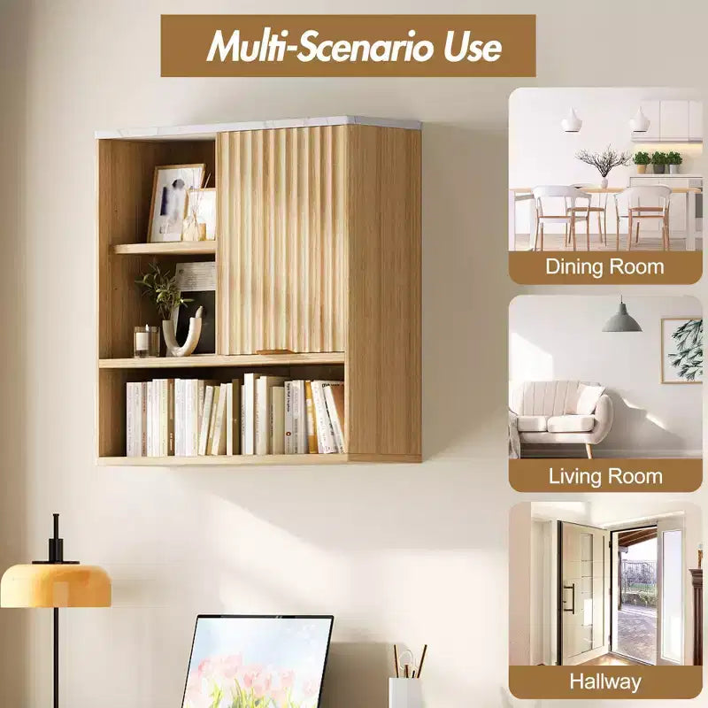 CuisinSmart Fluted Bathroom Wall Mounted Cabinet with Sliding Door, Medicine Cabinet with Faux Marble Top, Adjustable Shelf and Open Storage Space