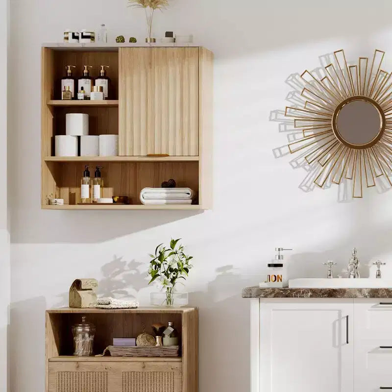 CuisinSmart Fluted Bathroom Wall Mounted Cabinet with Sliding Door, Medicine Cabinet with Faux Marble Top, Adjustable Shelf and Open Storage Space