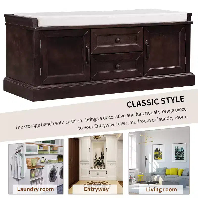 GDFStudio Frances Storage Shoe Bench with Drawers and Cabinets
