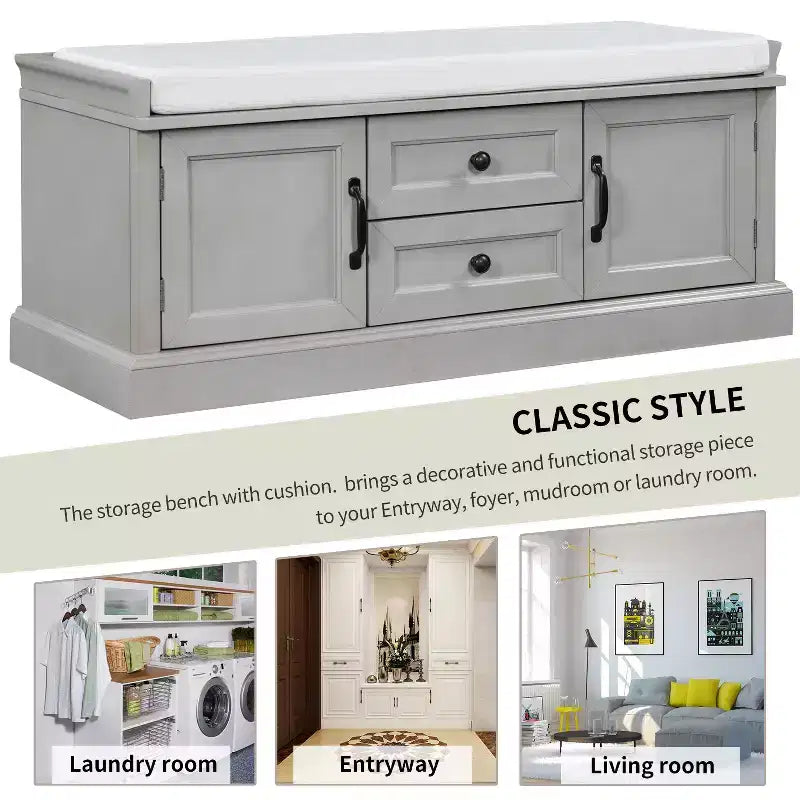 GDFStudio Frances Storage Shoe Bench with Drawers and Cabinets