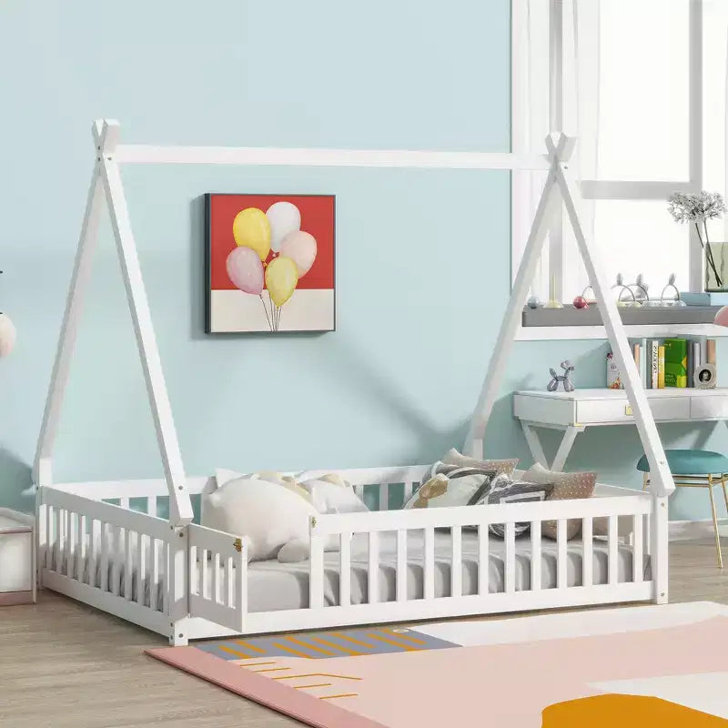 Tent-shaped Twin/Full Floor Bed Frame with Guardrails - ModernLuxe