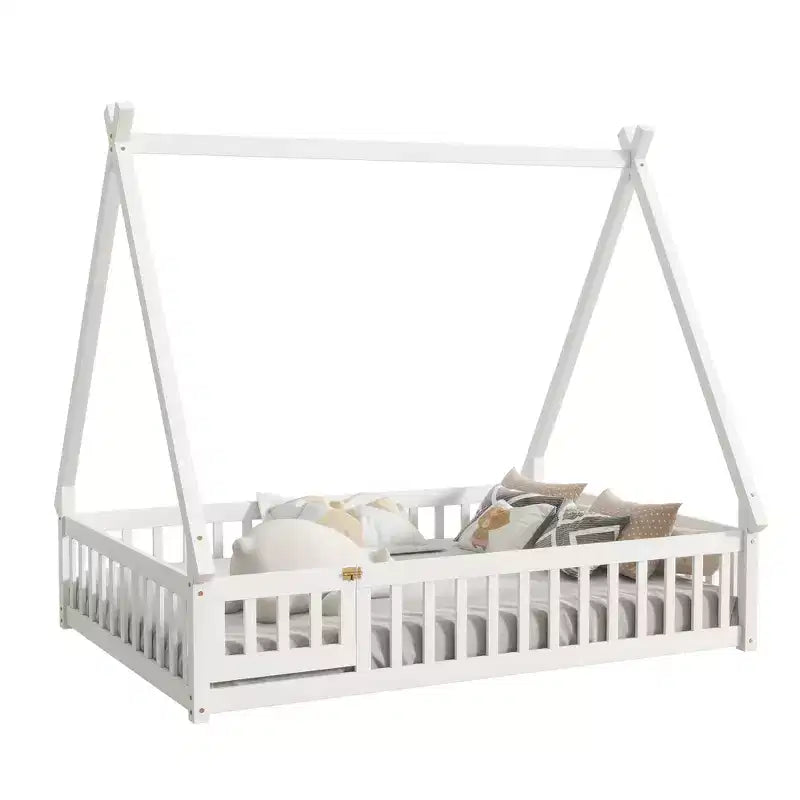 Tent-shaped Twin/Full Floor Bed Frame with Guardrails - ModernLuxe