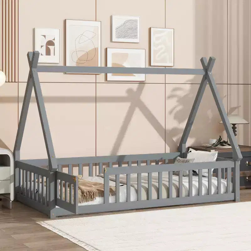 Tent-shaped Twin/Full Floor Bed Frame with Guardrails - ModernLuxe