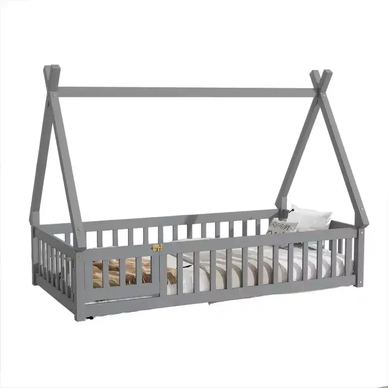 Tent-shaped Twin/Full Floor Bed Frame with Guardrails - ModernLuxe