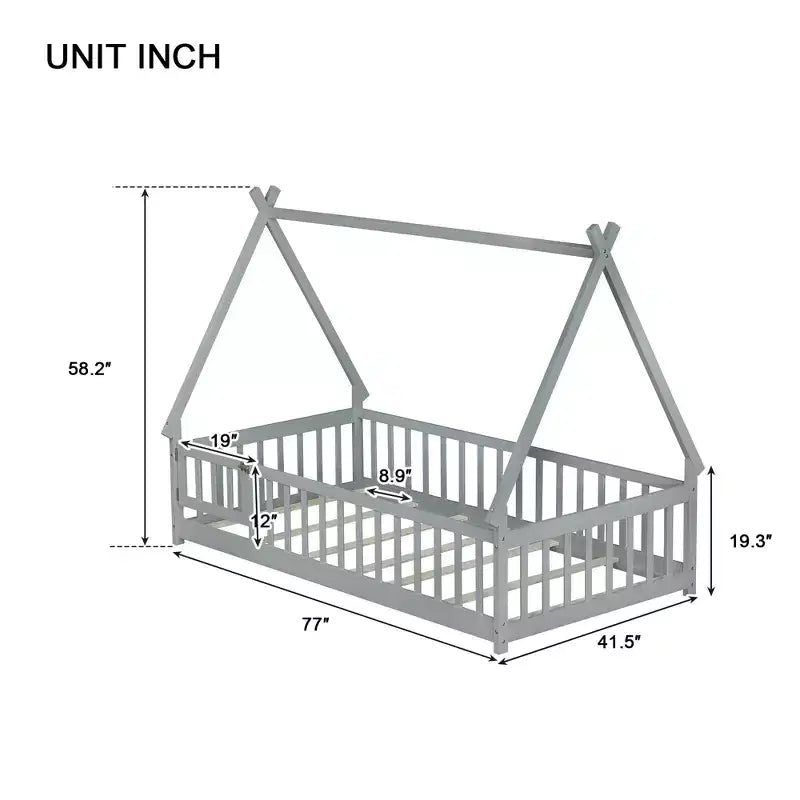 Tent-shaped Twin/Full Floor Bed Frame with Guardrails - ModernLuxe