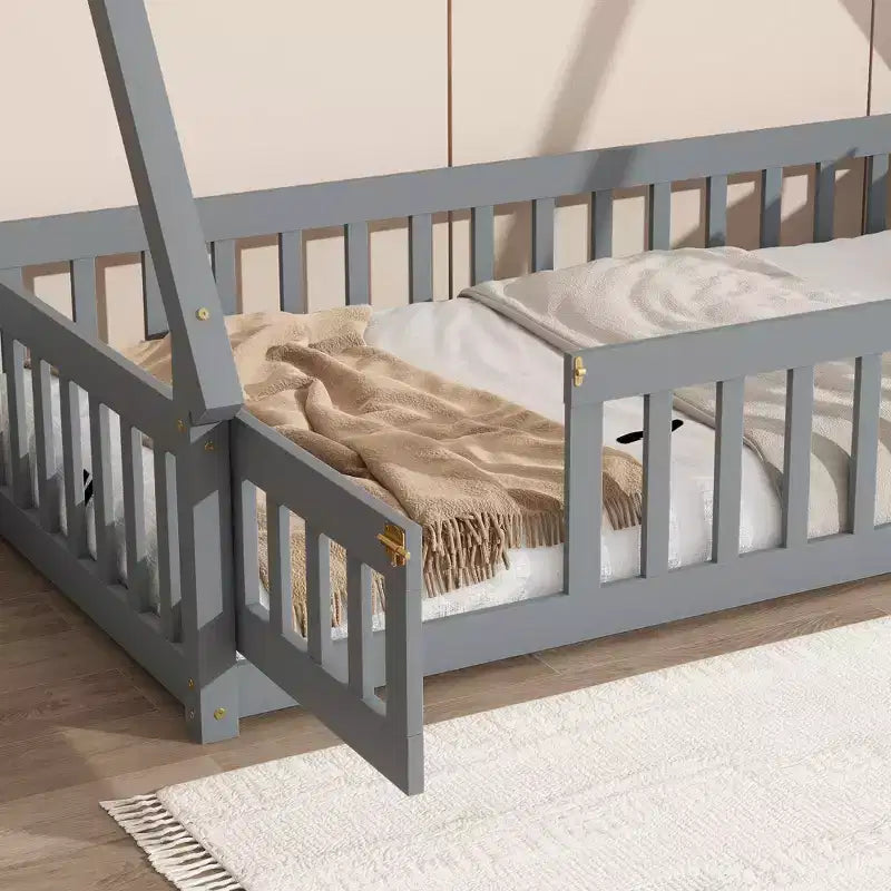 Tent-shaped Twin/Full Floor Bed Frame with Guardrails - ModernLuxe