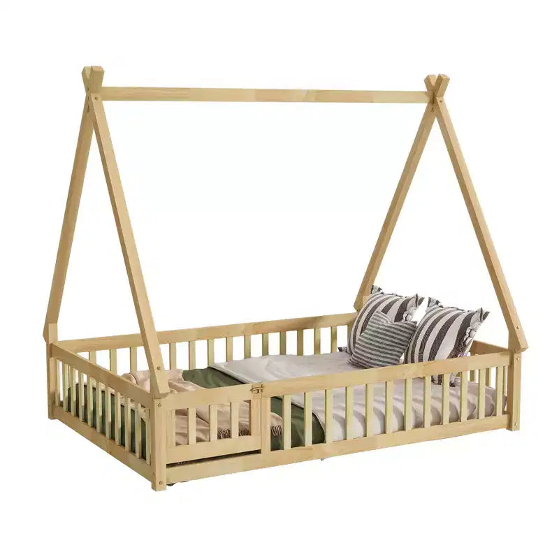 Tent-shaped Twin/Full Floor Bed Frame with Guardrails - ModernLuxe