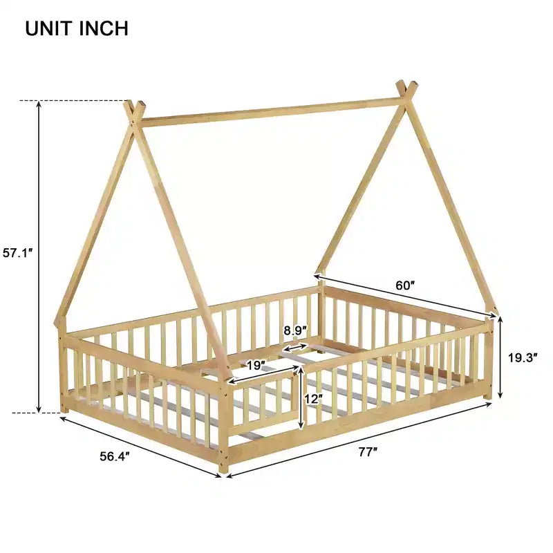Tent-shaped Twin/Full Floor Bed Frame with Guardrails - ModernLuxe
