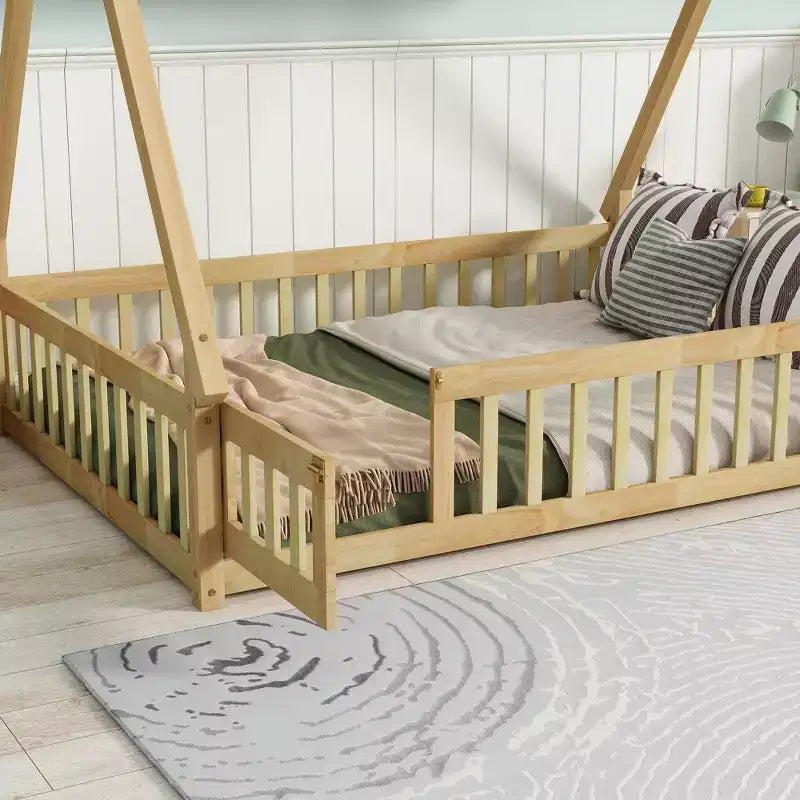 Tent-shaped Twin/Full Floor Bed Frame with Guardrails - ModernLuxe