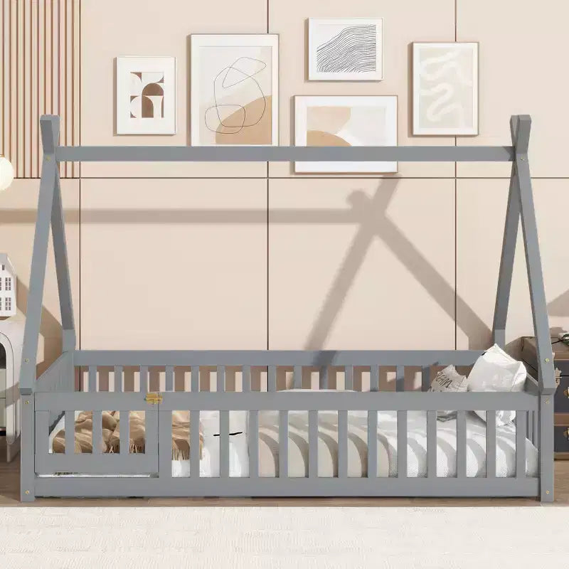 Tent-shaped Twin/Full Floor Bed Frame with Guardrails - ModernLuxe