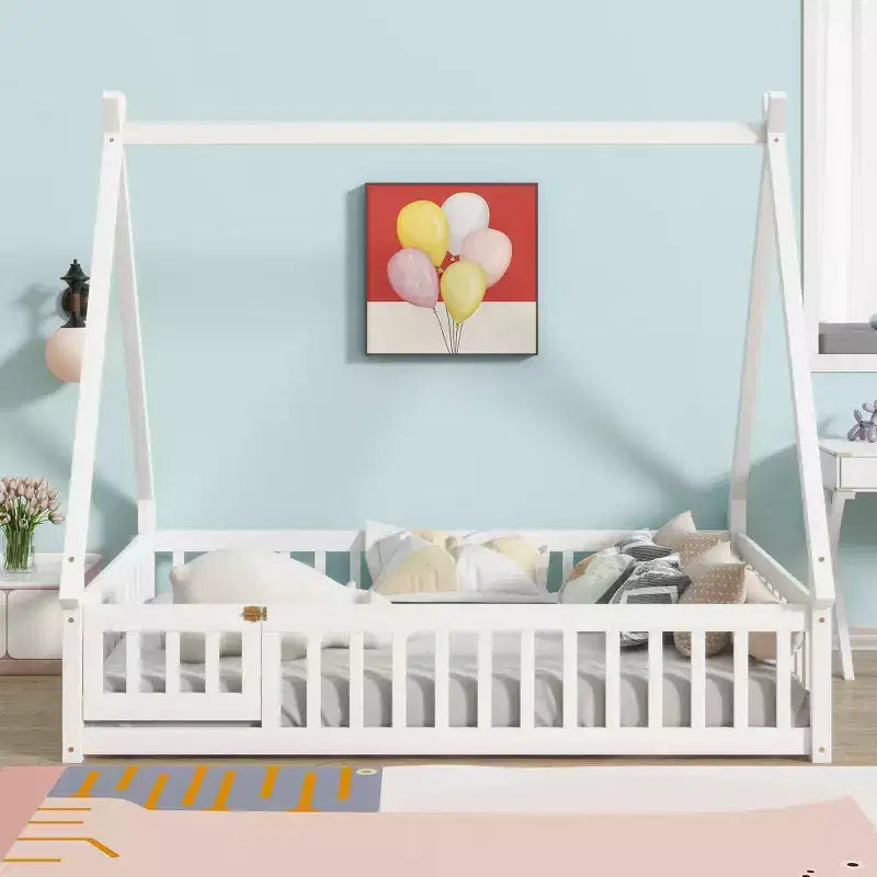 Tent-shaped Twin/Full Floor Bed Frame with Guardrails - ModernLuxe
