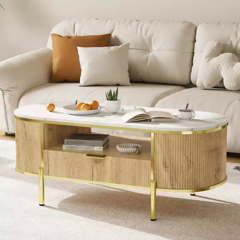 Acekool 48 Oval Coffee Table with Faux Marble Top, Gold Metal Legs, Fluted Wood Design & Storage Drawer, Modern Navy Blue Living Room Table