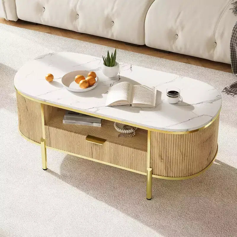 Acekool 48 Oval Coffee Table with Faux Marble Top, Gold Metal Legs, Fluted Wood Design & Storage Drawer, Modern Navy Blue Living Room Table