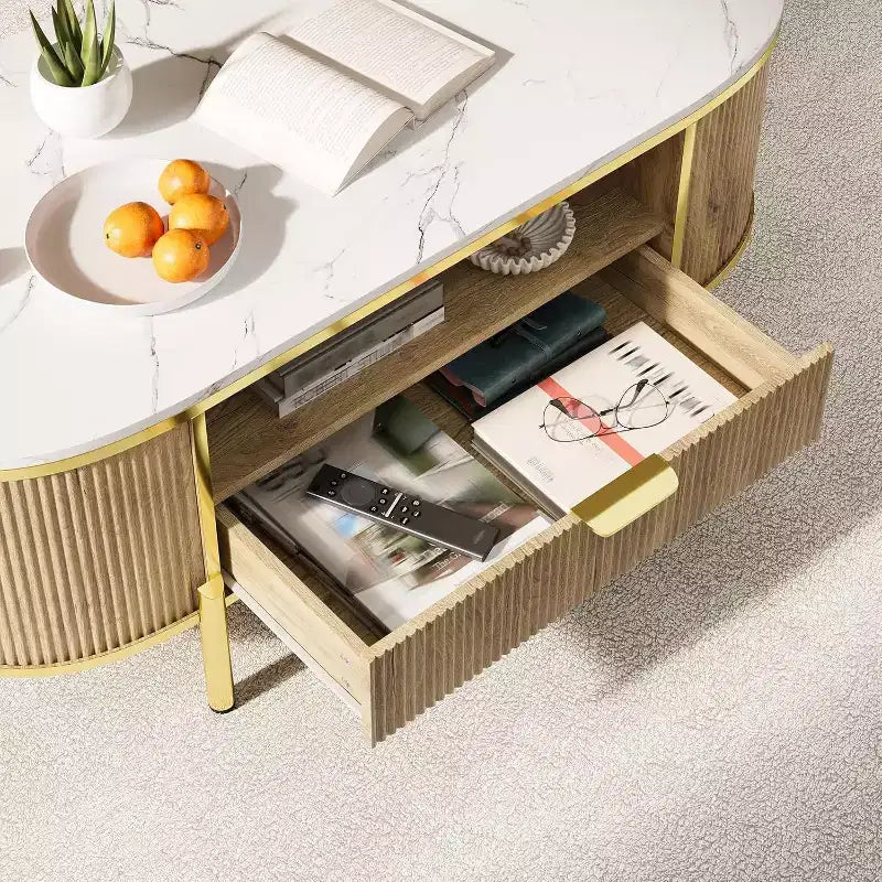 Acekool 48 Oval Coffee Table with Faux Marble Top, Gold Metal Legs, Fluted Wood Design & Storage Drawer, Modern Navy Blue Living Room Table