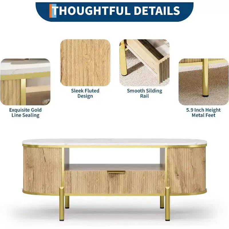 Acekool 48 Oval Coffee Table with Faux Marble Top, Gold Metal Legs, Fluted Wood Design & Storage Drawer, Modern Navy Blue Living Room Table