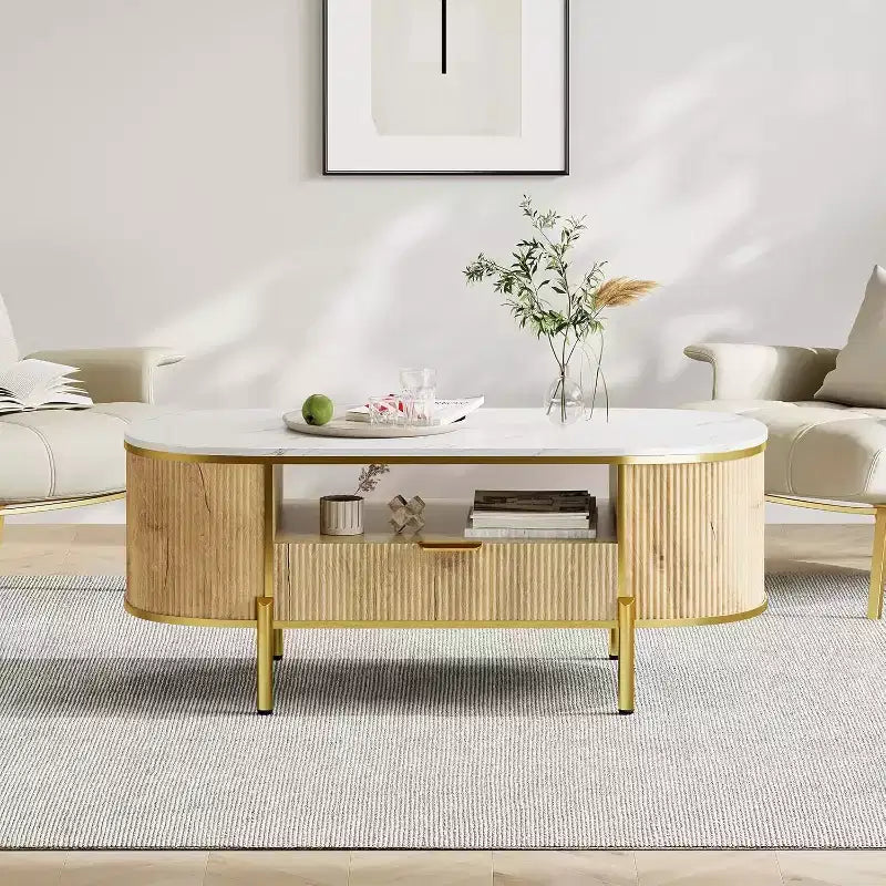 Acekool 48 Oval Coffee Table with Faux Marble Top, Gold Metal Legs, Fluted Wood Design & Storage Drawer, Modern Navy Blue Living Room Table