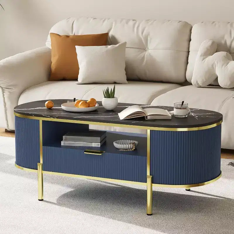 Acekool 48 Oval Coffee Table with Faux Marble Top, Gold Metal Legs, Fluted Wood Design & Storage Drawer, Modern Navy Blue Living Room Table