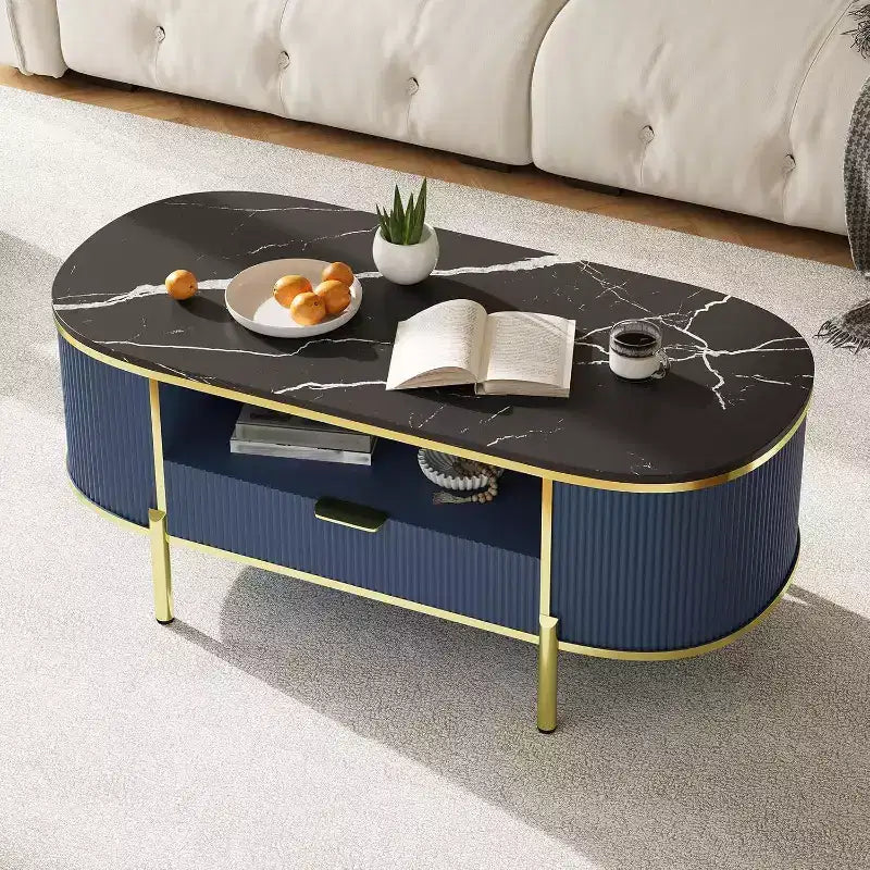 Acekool 48 Oval Coffee Table with Faux Marble Top, Gold Metal Legs, Fluted Wood Design & Storage Drawer, Modern Navy Blue Living Room Table