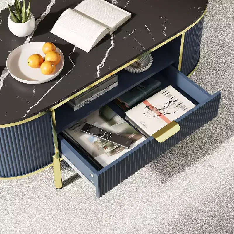 Acekool 48 Oval Coffee Table with Faux Marble Top, Gold Metal Legs, Fluted Wood Design & Storage Drawer, Modern Navy Blue Living Room Table