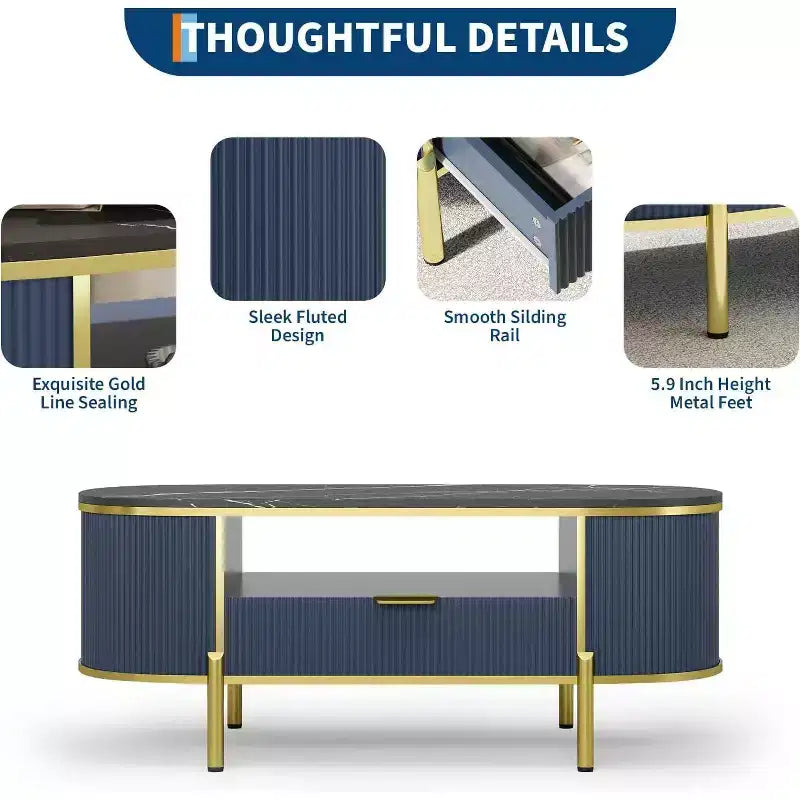 Acekool 48 Oval Coffee Table with Faux Marble Top, Gold Metal Legs, Fluted Wood Design & Storage Drawer, Modern Navy Blue Living Room Table