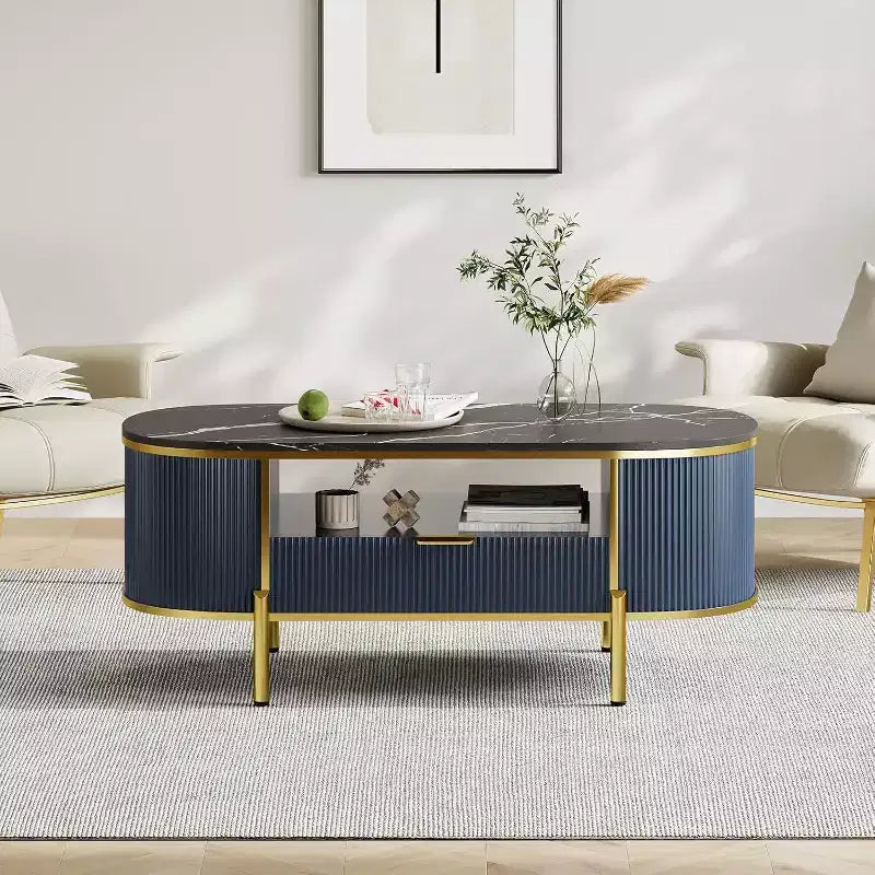 Acekool 48 Oval Coffee Table with Faux Marble Top, Gold Metal Legs, Fluted Wood Design & Storage Drawer, Modern Navy Blue Living Room Table