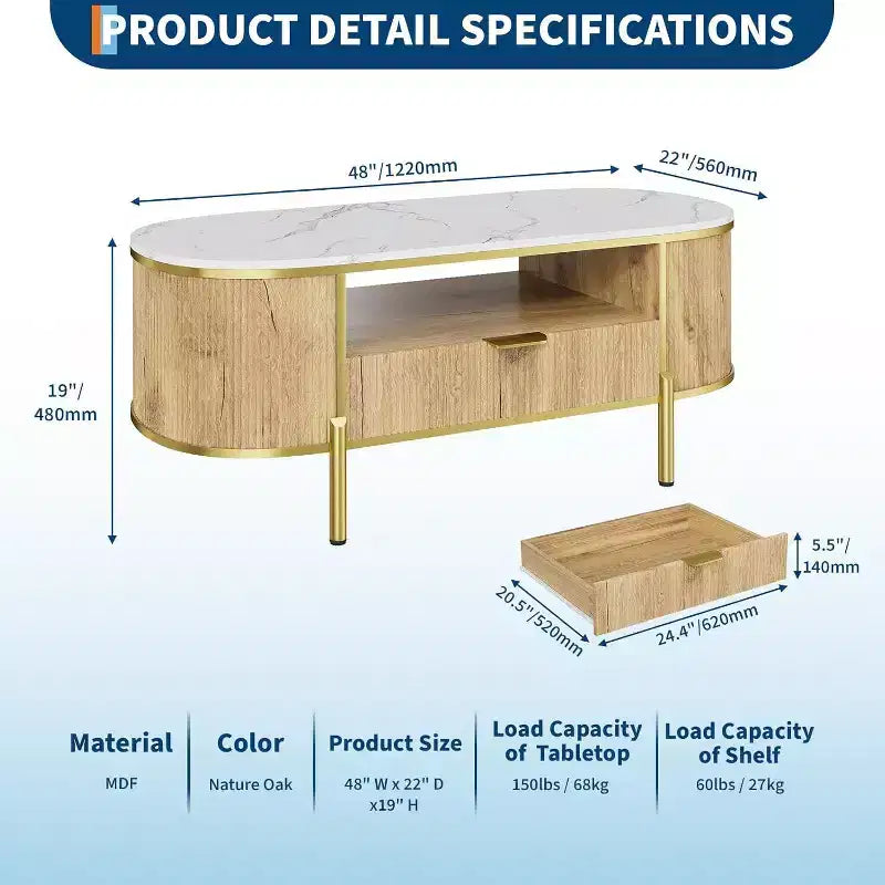 Acekool 48 Oval Coffee Table with Faux Marble Top, Gold Metal Legs, Fluted Wood Design & Storage Drawer, Modern Navy Blue Living Room Table