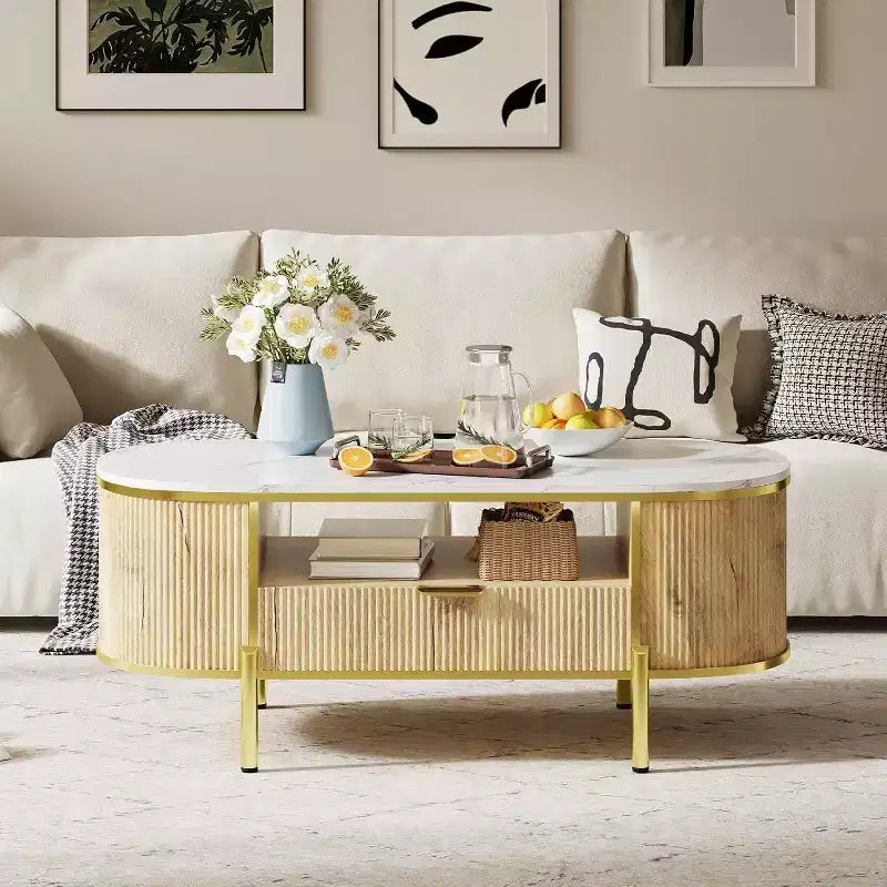 Acekool 48 Oval Coffee Table with Faux Marble Top, Gold Metal Legs, Fluted Wood Design & Storage Drawer, Modern Navy Blue Living Room Table