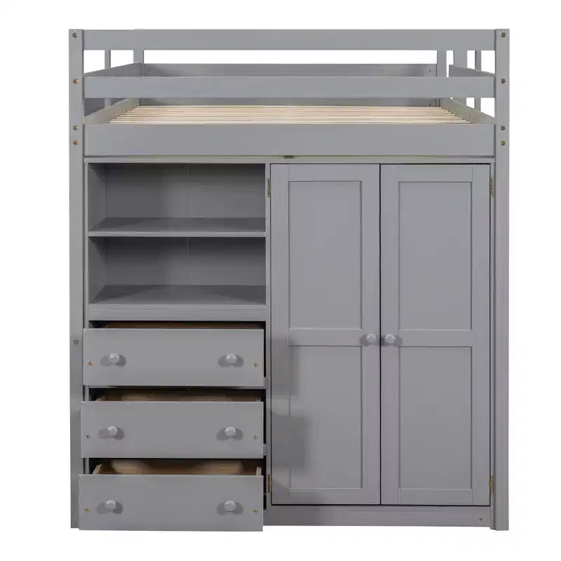Full Size Loft Bed with Wardrobe and Desk, Wood Loft Bed Frame with Storage Shelves and Drawers for Kids Teens Adults