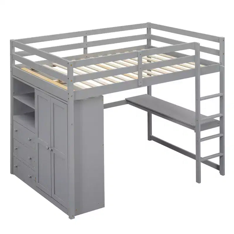 Full Size Loft Bed with Wardrobe and Desk, Wood Loft Bed Frame with Storage Shelves and Drawers for Kids Teens Adults
