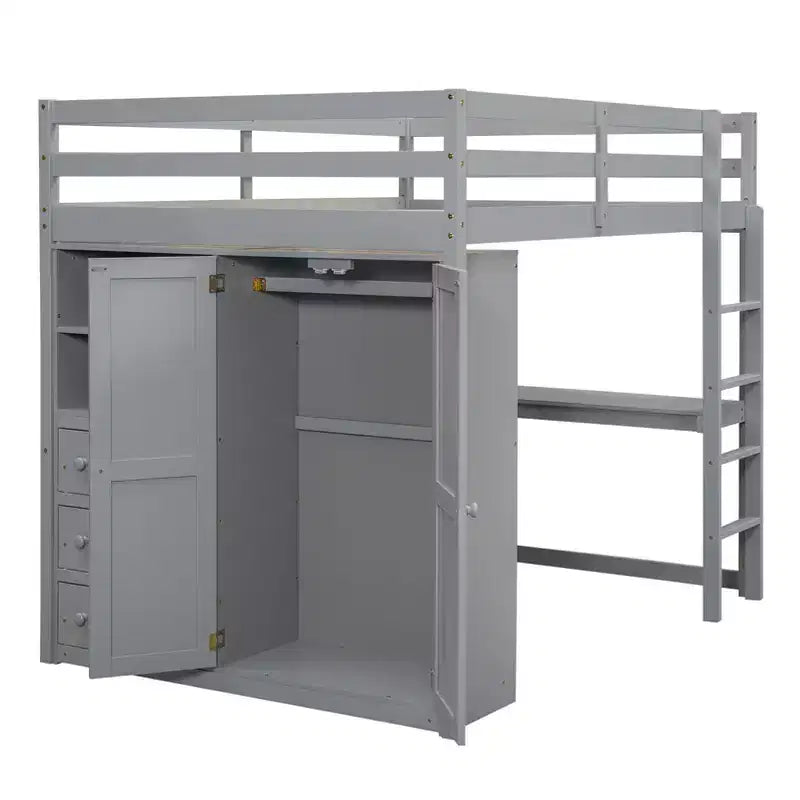 Full Size Loft Bed with Wardrobe and Desk, Wood Loft Bed Frame with Storage Shelves and Drawers for Kids Teens Adults