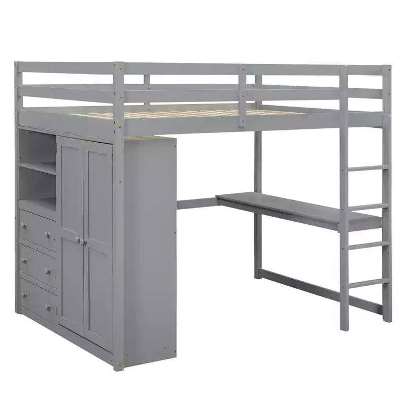 Full Size Loft Bed with Wardrobe and Desk, Wood Loft Bed Frame with Storage Shelves and Drawers for Kids Teens Adults