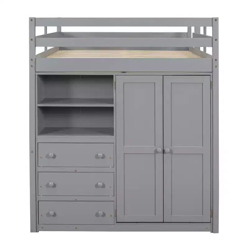 Full Size Loft Bed with Wardrobe and Desk, Wood Loft Bed Frame with Storage Shelves and Drawers for Kids Teens Adults