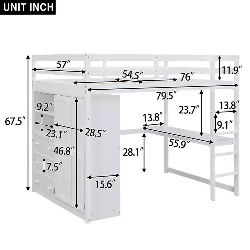 Full Size Loft Bed with Wardrobe and Desk, Wood Loft Bed Frame with Storage Shelves and Drawers for Kids Teens Adults