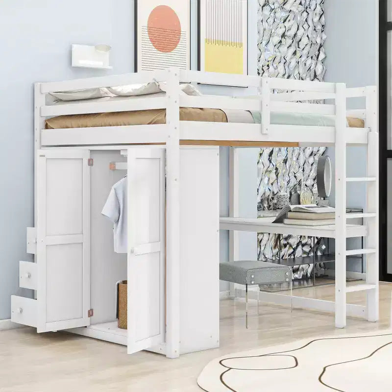 Full Size Loft Bed with Wardrobe and Desk, Wood Loft Bed Frame with Storage Shelves and Drawers for Kids Teens Adults