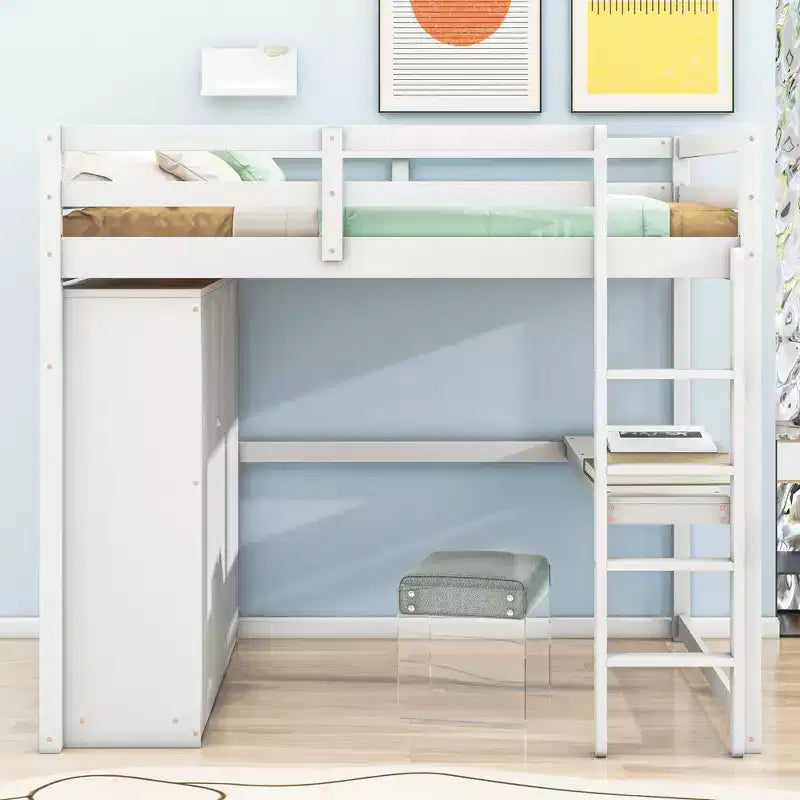 Full Size Loft Bed with Wardrobe and Desk, Wood Loft Bed Frame with Storage Shelves and Drawers for Kids Teens Adults