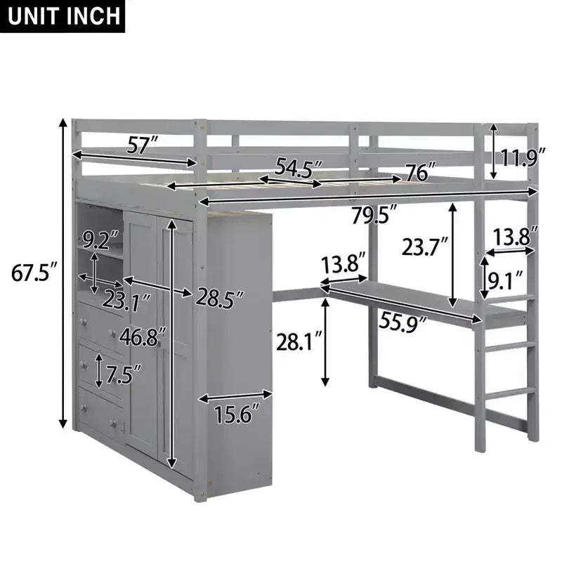 Full Size Loft Bed with Wardrobe and Desk, Wood Loft Bed Frame with Storage Shelves and Drawers for Kids Teens Adults