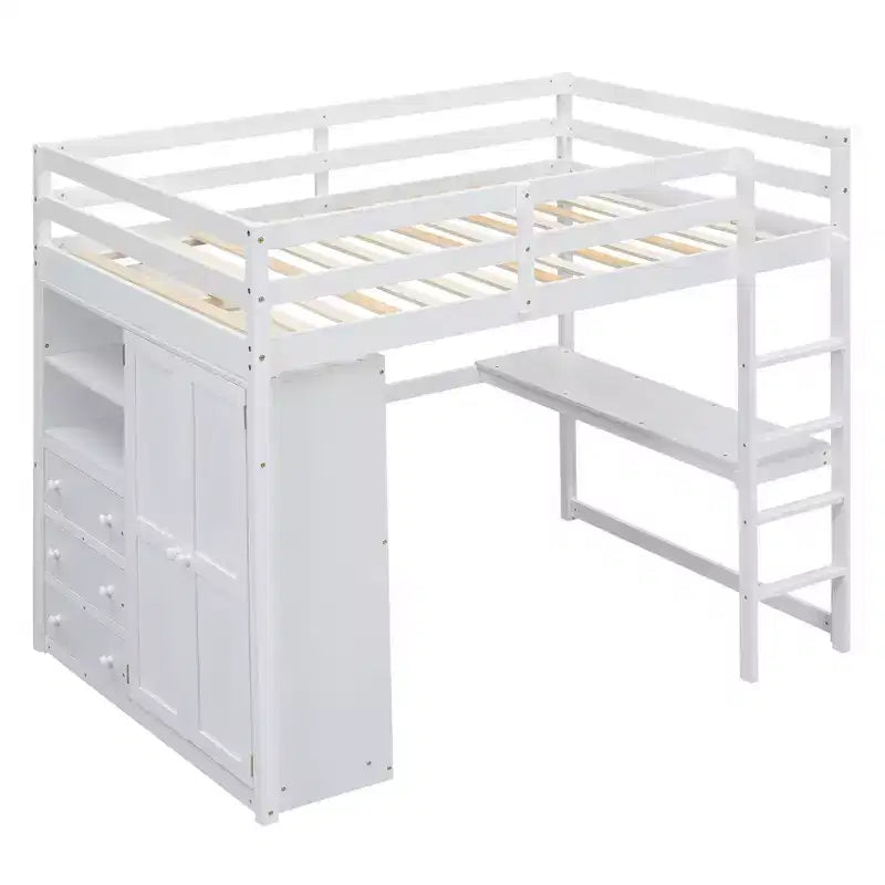 Full Size Loft Bed with Wardrobe and Desk, Wood Loft Bed Frame with Storage Shelves and Drawers for Kids Teens Adults