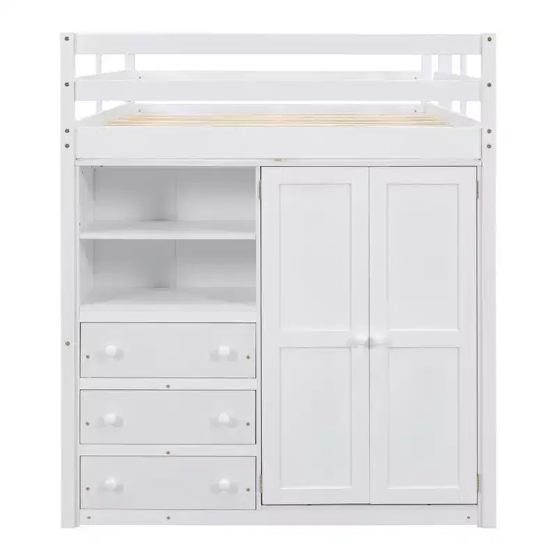 Full Size Loft Bed with Wardrobe and Desk, Wood Loft Bed Frame with Storage Shelves and Drawers for Kids Teens Adults