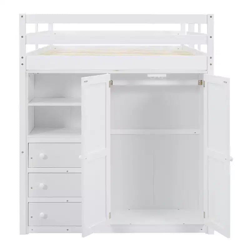 Full Size Loft Bed with Wardrobe and Desk, Wood Loft Bed Frame with Storage Shelves and Drawers for Kids Teens Adults
