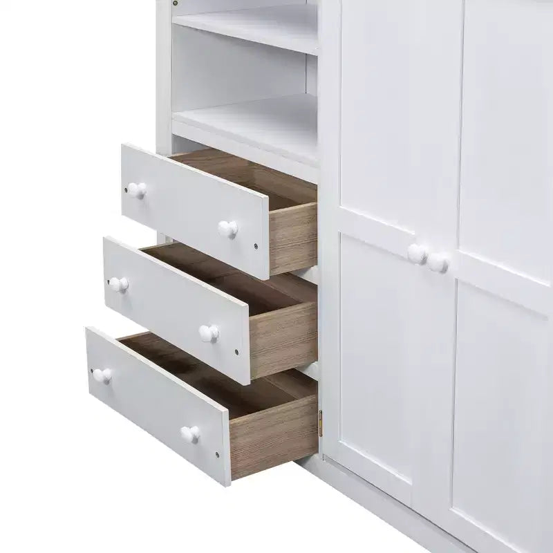 Full Size Loft Bed with Wardrobe and Desk, Wood Loft Bed Frame with Storage Shelves and Drawers for Kids Teens Adults
