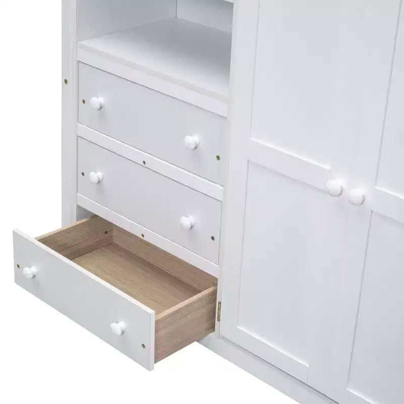 Full Size Loft Bed with Wardrobe and Desk, Wood Loft Bed Frame with Storage Shelves and Drawers for Kids Teens Adults