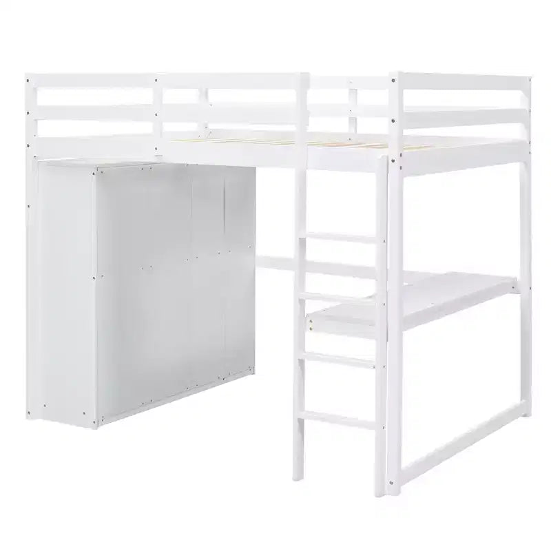 Full Size Loft Bed with Wardrobe and Desk, Wood Loft Bed Frame with Storage Shelves and Drawers for Kids Teens Adults